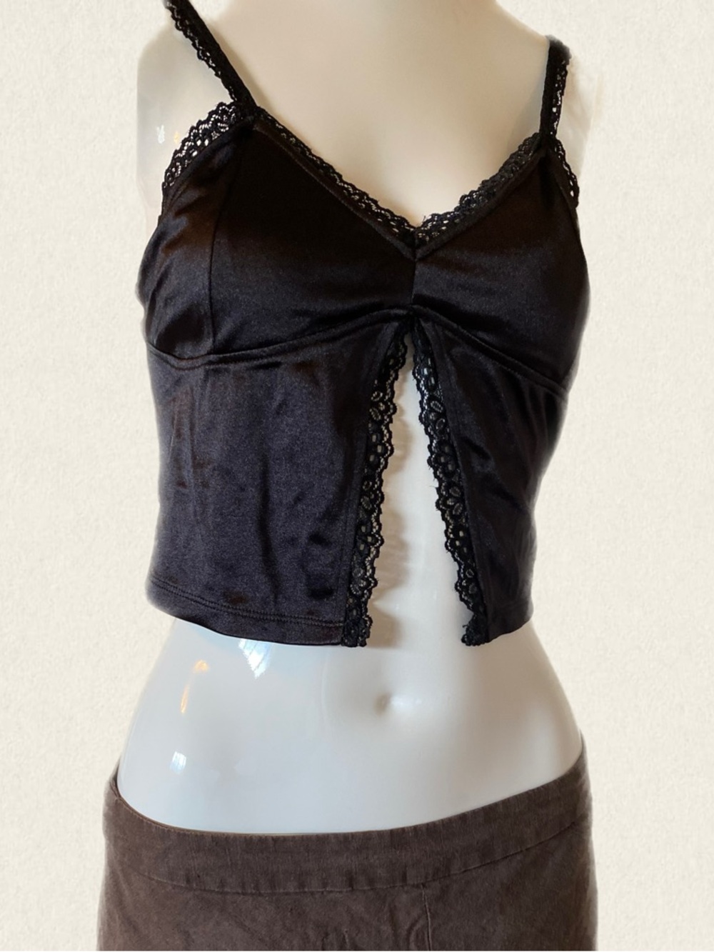 Black Lace Trim Y2K Style Satin Cami Top